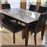 F25. Steve Silver Co. marble top dining table, chairs and bench. 31"h x 64"w x 38"d 